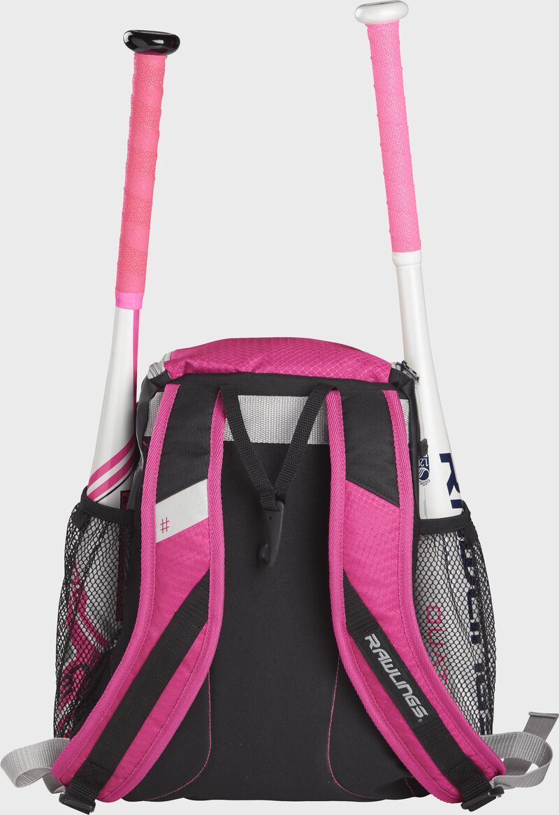 Rear view of a Pink Rawlings Youth Players Team Backpack with two bats | SKU:R400-NPK