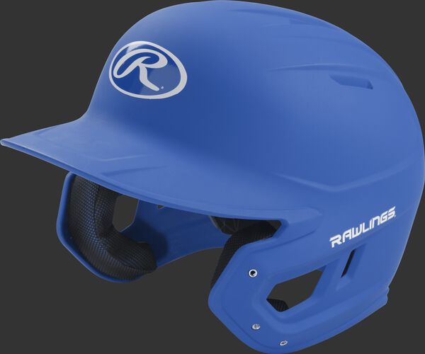 Left angle view of a Rawlings MACH Senior helmet with a one-tone matte royal shell
