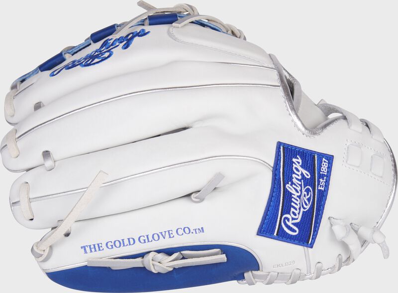 Back of a white Liberty Advanced Color Series 12.5-Inch fastpitch glove with a royal Rawlings patch - SKU: RLA125-18WRP