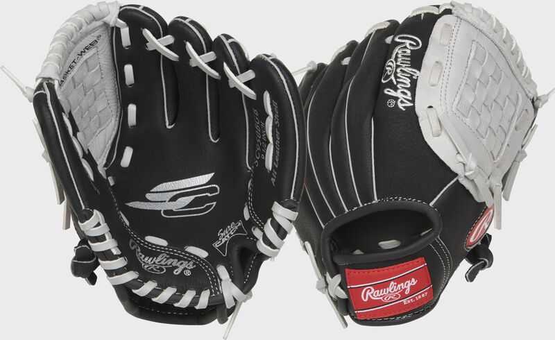 Two images showing the palm & back of a black Sure Catch 9.5" youth glove