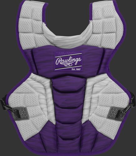A purple/white CPV2N Rawlings Velo 2.0 adult chest protector with a striped pattern