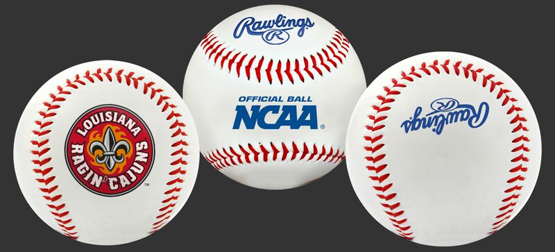 3 views of a NCAA Louisiana Ragin' Cajuns baseball with a team logo, NCAA logo and Rawlings logo