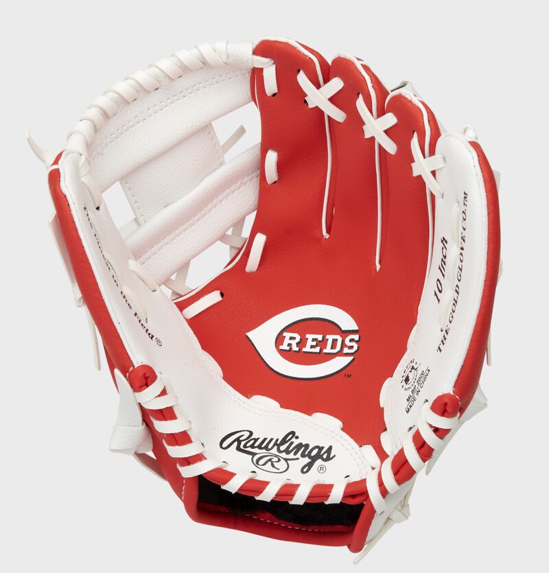 A red/white Rawlings Cincinnati Reds youth glove with a Reds logo stamped in the palm - SKU: 22000023111