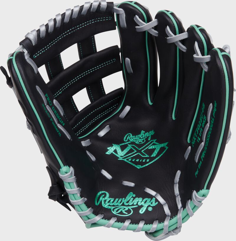 Black palm of a Rawlings NXT Series outfield glove with mint stamping and gray laces 