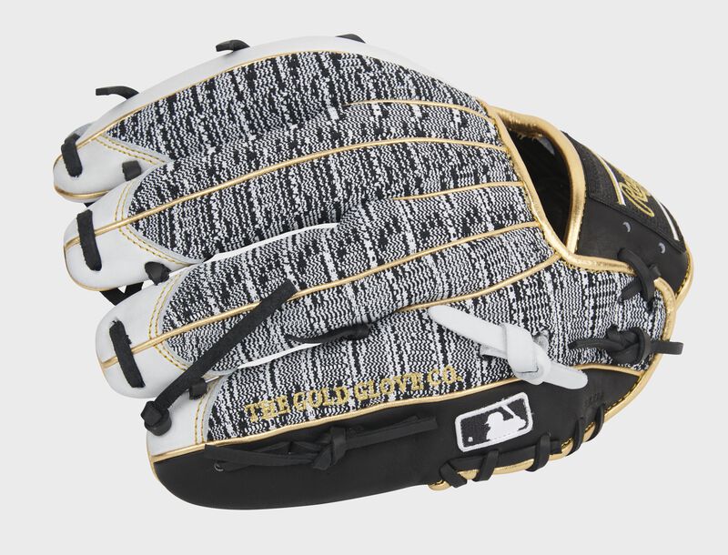 Pinkie side of a Rawlings HOH infield glove with a zebra knit back and MLB logo on the pinkie - SKU: PRO204-2WBZ
