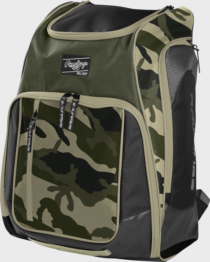 Front angle view of a camo Legion equipment backpack - LEGION-CAMO