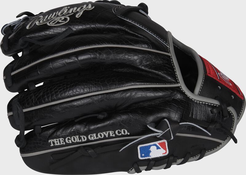 Black croc embossed back of a Gameday 57 Series Dallas Keuchel glove with the MLB logo on the pinky - SKU: RSGPRO206-DK60