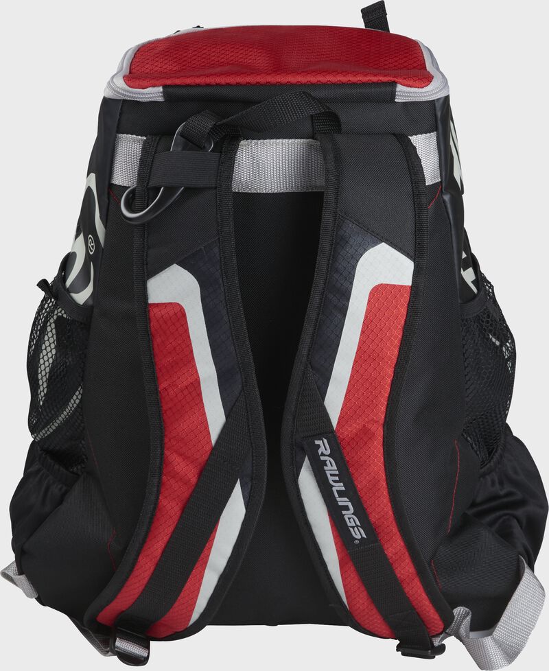 Back of black/scarlet R500 Players team backpack with black/scarlet shoulder straps