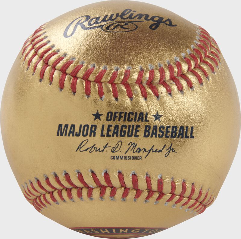 A Washington Nationals Rawlings Gold MLB team baseball with the official ball MLB stamp - SKU: RSGEA-GOLDWAS-R