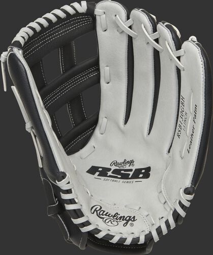 RSB130GBH Rawlings softball outfield glove with a grey palm and grey laces