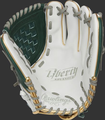 RLA120-3DG Rawlings Liberty Advanced Color Series glove with a white palm, dark green web and gray laces