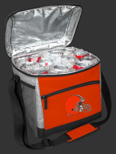 An open Cleveland Browns 24 can cooler filled with ice and drinks - SKU: 10211064111