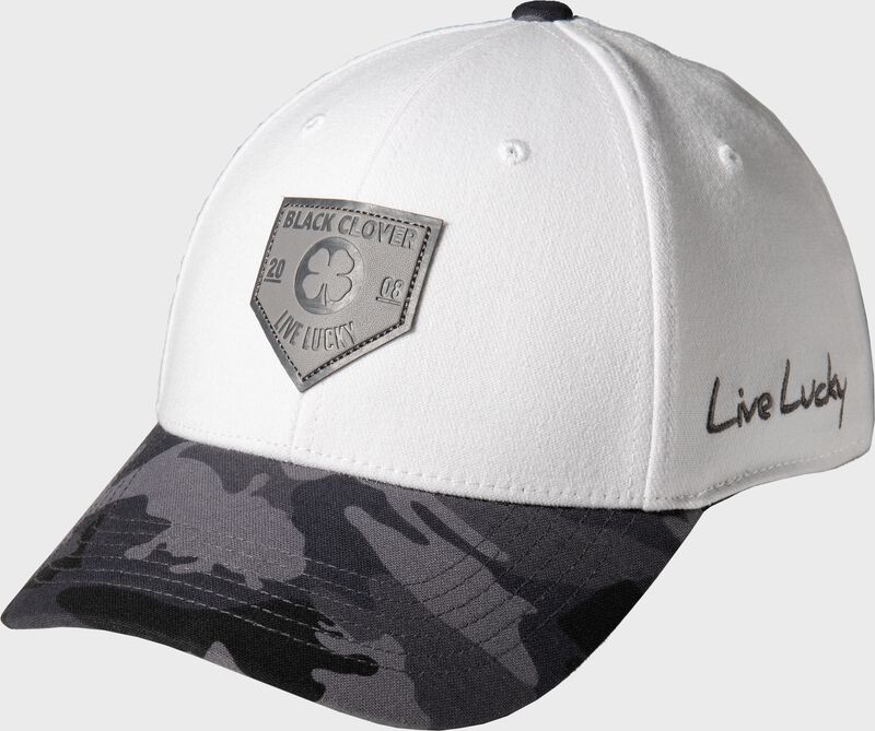 Front of a white Rawlings Black Clover leather patch camo fitted hat - SKU: BCR3LPC0081