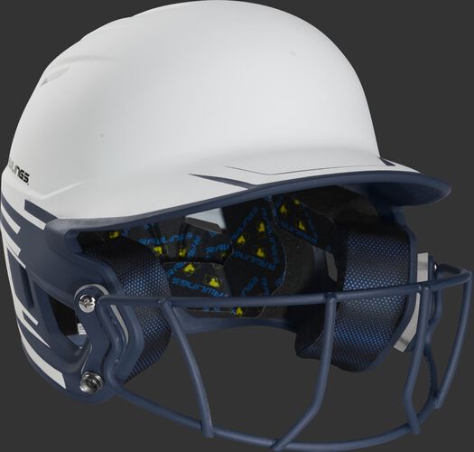 Front right of a Rawlings Mach fastpitch batting helmet with a navy mask - SKU: MSB13S-W/N