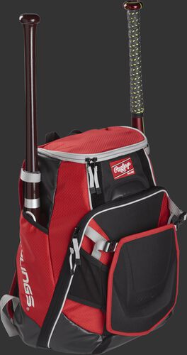 Front right of a scarlet VELOBK Rawlings Velo bag with two bats