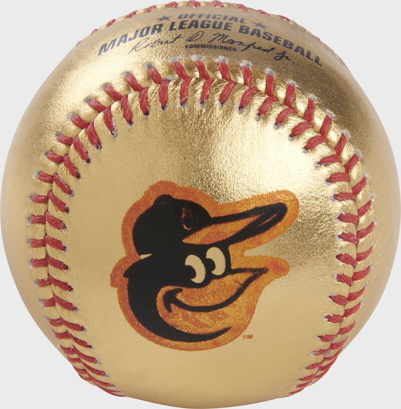Orioles logo on a gold MLB baseball with red stitches - SKU: RSGEA-GOLDBAL-R