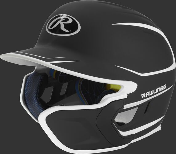 Left angle view of a matte black/white MACHEXTR Mach Junior helmet with Mach EXT right hand batter face guard extension