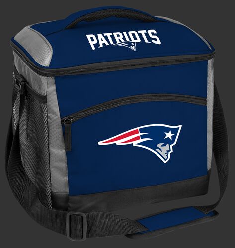 A blue New England Patriots 24 can soft sided cooler with screen printed logos - SKU: 10211076111