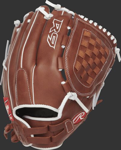 Back view of a R9SB125FS-3DB R9 Series 12.5-inch fingershift fastpitch glove with a brown back and Pull-Strap design