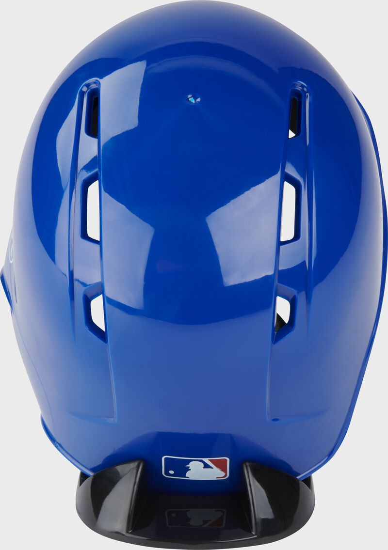 Back of a blue Cubs mini replica helmet