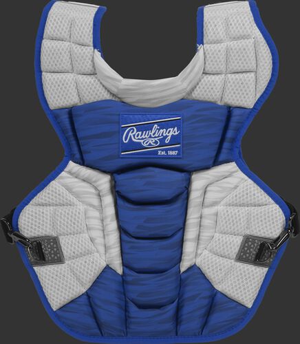 A royal/white CPV2N Rawlings Velo 2.0 adult chest protector with a striped pattern
