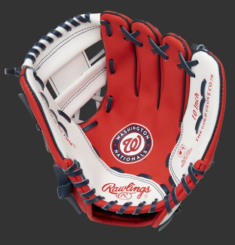 A red/white Rawlings Washington Nationals youth glove with the Nationals logo stamped in the palm - SKU: 22000031111