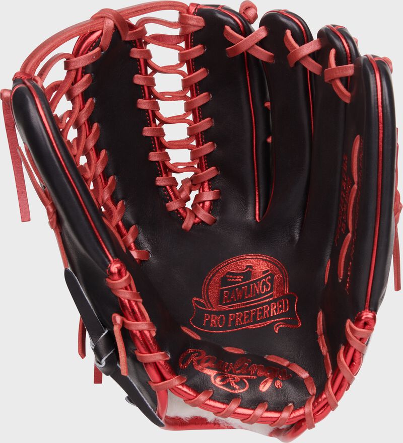 Black palm of a Rawilngs Mike Trout Pro Preferred glove with scarlet stamping and scarlet laces - SKU: PROSMT27BS