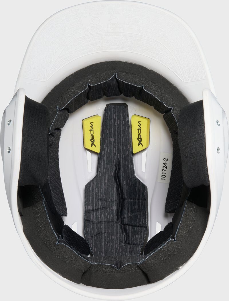 Inside padding of a white Rawlings Mach-X Max Performance batting helmet