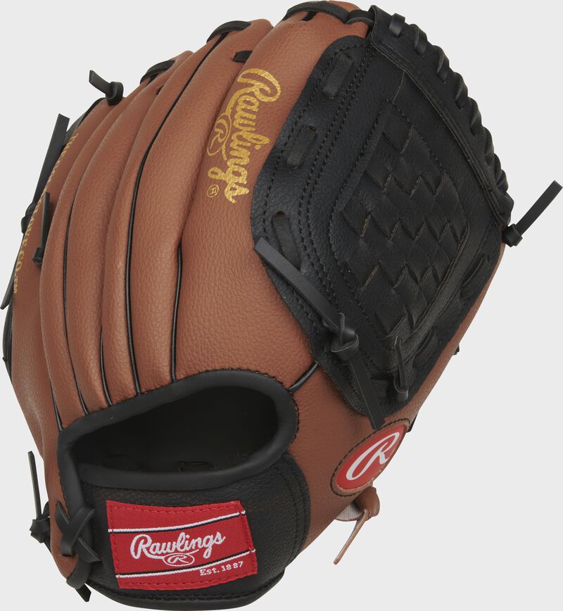 Back of a tan/black Player Series youth baseball glove with a red Rawlings patch logo - SKU: PL105DTB