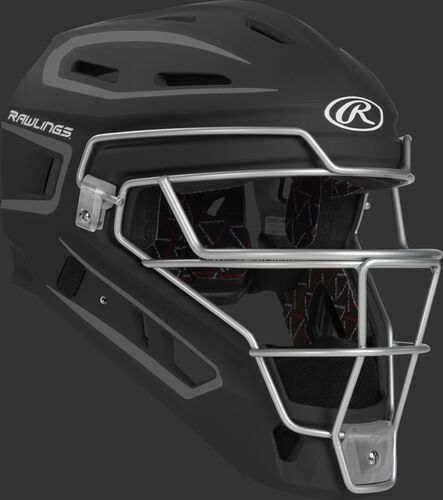 Front right of a black CHV27J Rawlings Velo 2.0 catcher's helmet