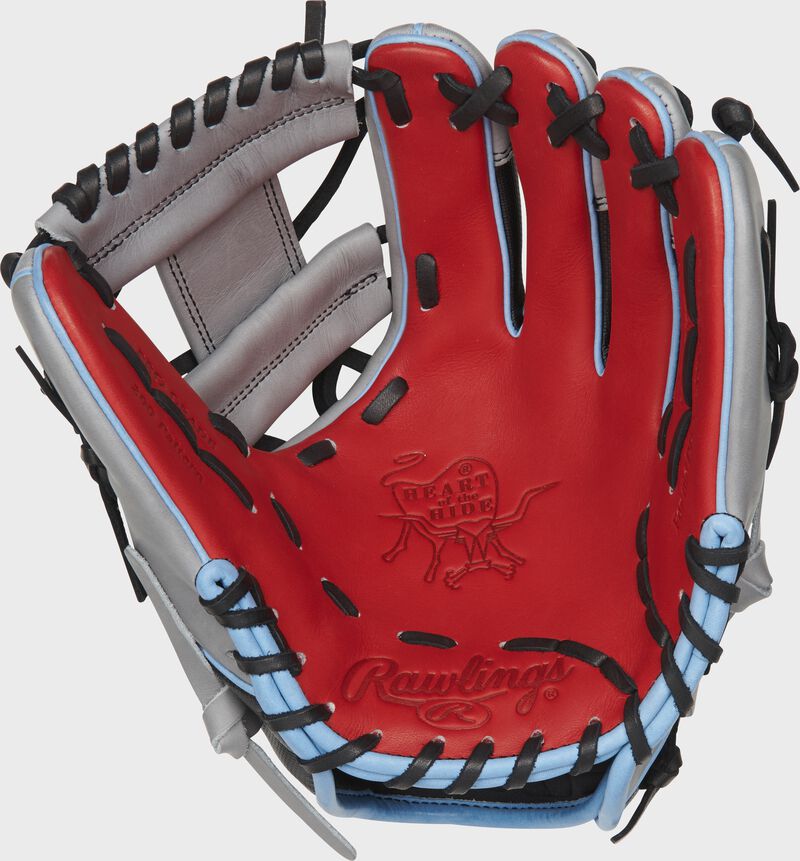 PRO204-2SGSS Rawlings ColorSync 4.0 glove with a scarlet palm and black laces