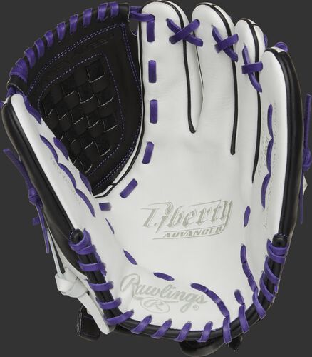 RLA120-3PU Rawlings Liberty Advanced Color Series glove with a white palm, black web and purple laces