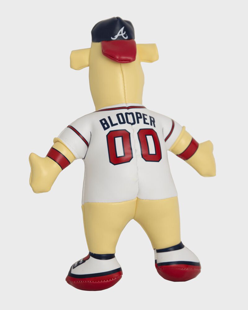Back of Rawlings MLB Atlanta Braves Mascot Softee With White Team Jersey, Navy Hat, and Mascot Name Blooper SKU #03770005111