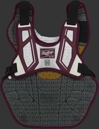 Back harness of a maroon/white CPV2N intermediate Velo 2.0 chest protector with Dynamic Fit System 2.0