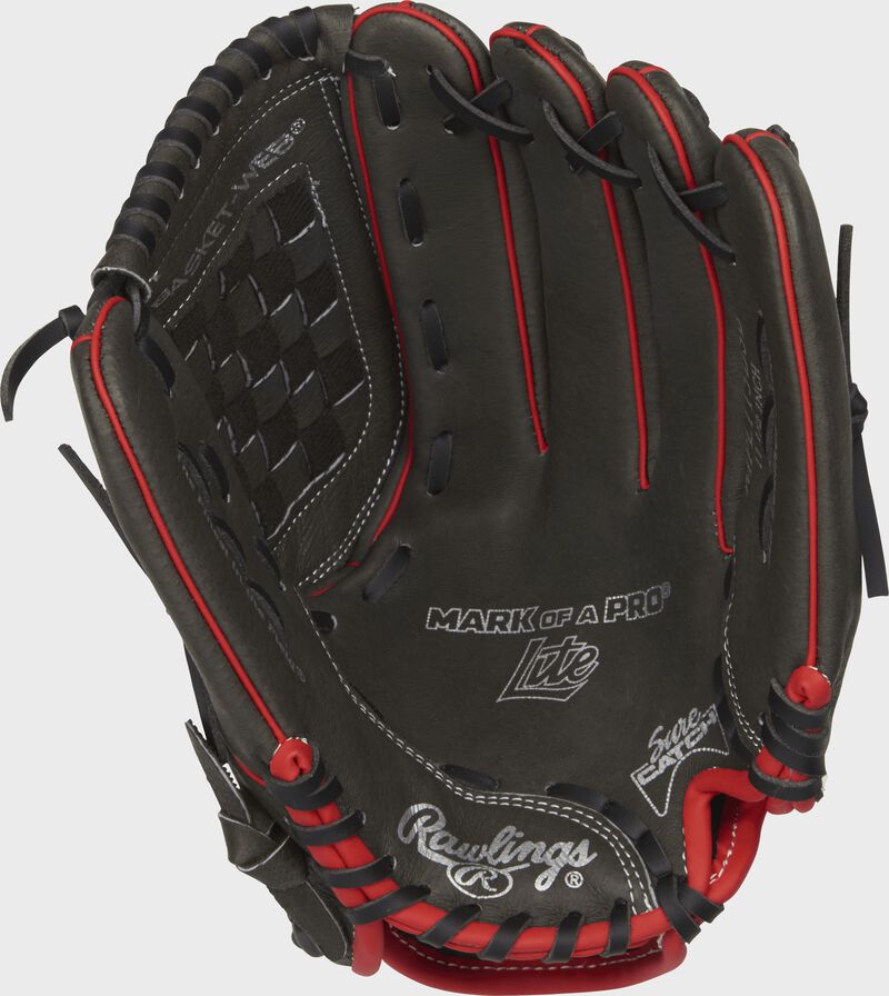 MPL115DSB Rawlings 11.5-inch youth baseball glove with a dark shadow palm, black laces and Sure Catch design