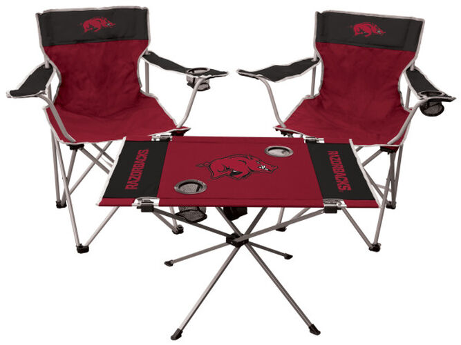 Front of Rawlings Cardinal and Black NCAA Arkansas Razorbacks 3-Piece Tailgate Kit With Two Kickoff Chairs, An Endzone Table, And A Transport Bag With Team Logo SKU #00993069511