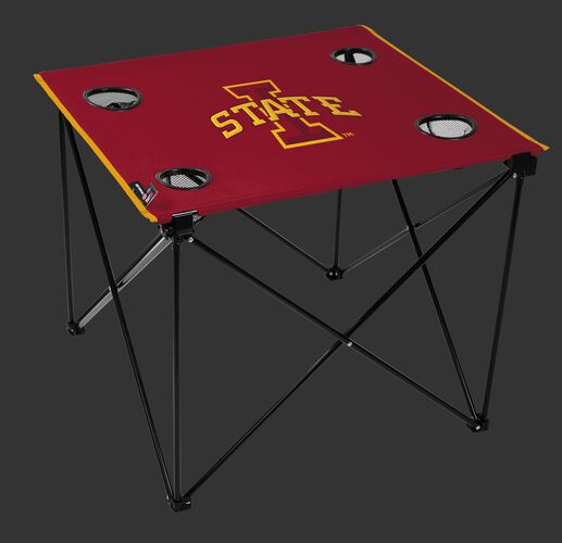A red NCAA Iowa State Cyclones deluxe tailgate table with four cup holders and team logo printed in the middle SKU #00713031111