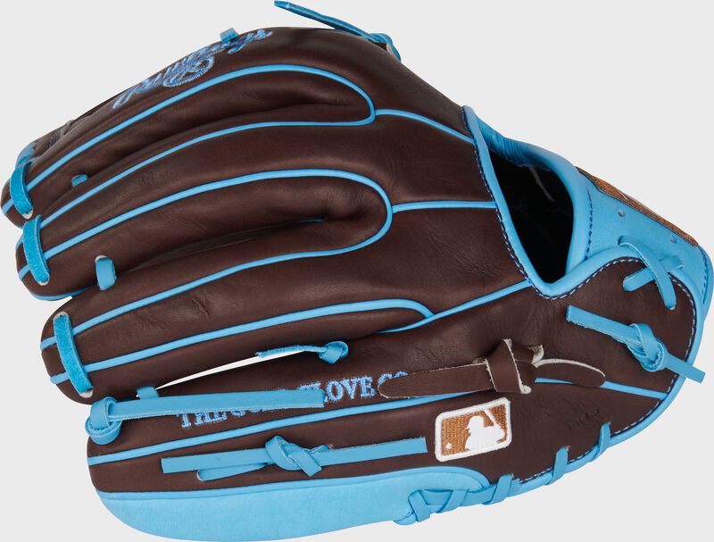 Chocolate brown back of a Heart of the Hide R2G 11.5" infield glove with the MLB logo on the pinky - SKU: RPROR314-32CH loading=