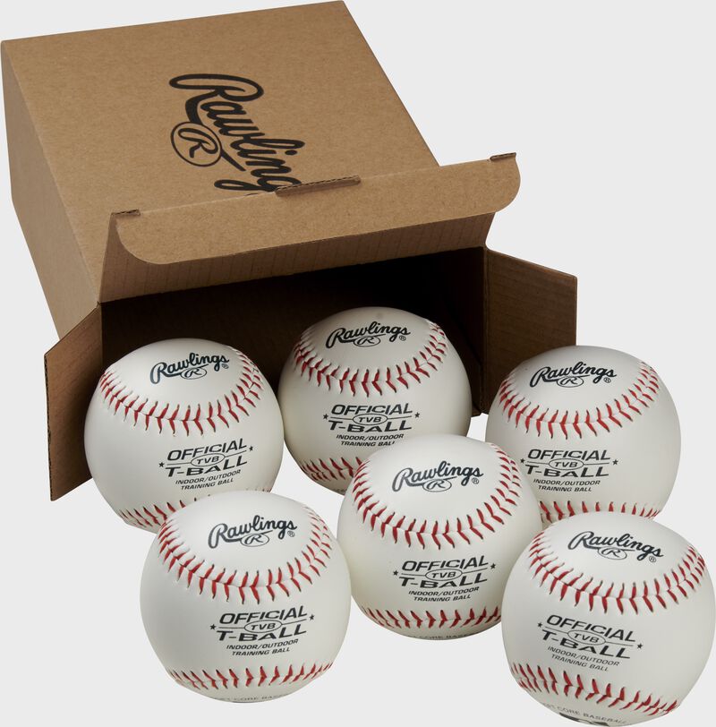 6 Rawlings practice balls in front of an open box - SKU: RSGTVBPK6