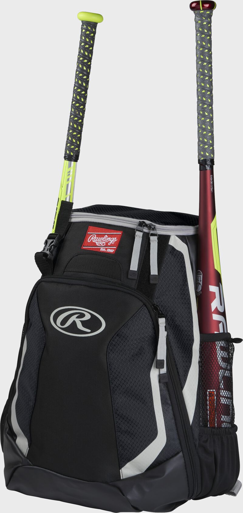 Left side of a black R500 baseball backpack with a red bat in the side sleeve