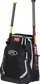 Left side of a black R500 baseball backpack with a red bat in the side sleeve image number null