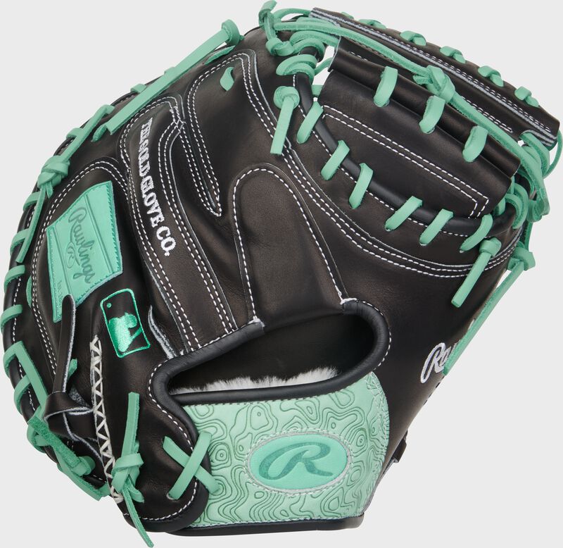 Back of a black/mint Rawlings Pro Preferred 33-Inch Catcher's Mitt with a mint Oval-R on the wrist