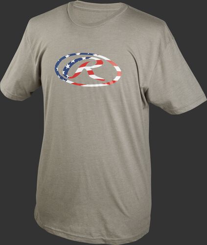 A gray Rawlings Stars & Stripes Oval-R short sleeve shirt with an American flag themed Oval-R on the chest - SKU: FLM2