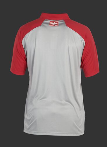 Back of a gray ColorSync polo with scarlet sleeves and red Rawlings patch on the back neckline - SKU: CSP-BG/S
