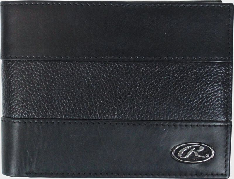 A black RW80004-001 Bases Loaded bi-fold wallet folded close with a silver Oval R logo in the bottom right