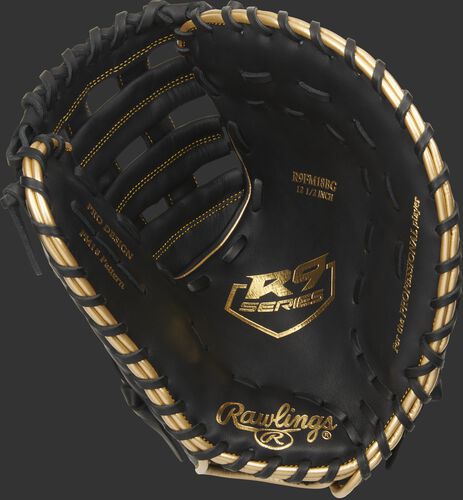 Black palm of a Rawlings R9 series first base mitt with a gold palm stamp and black laces - SKU: R9FM18BG