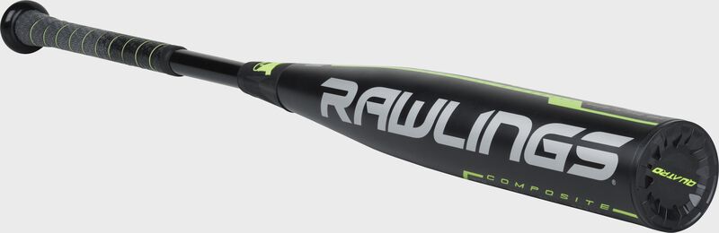 BB9Q3 Rawlings BBCOR baseball bat 3/4 angle view with green/grey accents