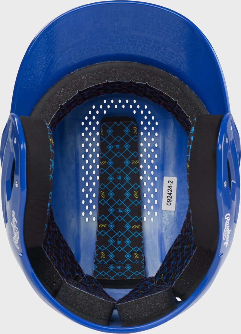 Inside padding of a royal Rawlings RX2 gloss baseball batting helmet