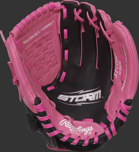 Black palm of a Rawlings Storm softball glove with pink thumb and pinky - SKU: ACAST10BP
