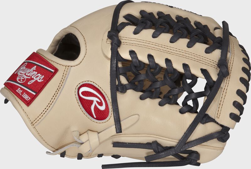 Thumb view of a camel PROS204-4C Pro Preferred 11.5-inch infield glove with a camel Modified Trap-Eze web